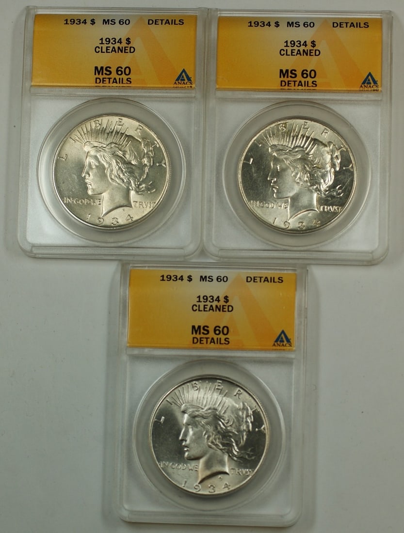 ANACS MS-60 Details 1934 Peace Dollar Silver Coin Cleaned Uncirculated: ANACS MS-60 Details 1934 Peace Dollar Silver Coin Cleaned Uncirculated This 1934 Peace Silver Dollar has been certified by ANACS with an MS-60 Details grade and is noted as having been cleaned. It is
