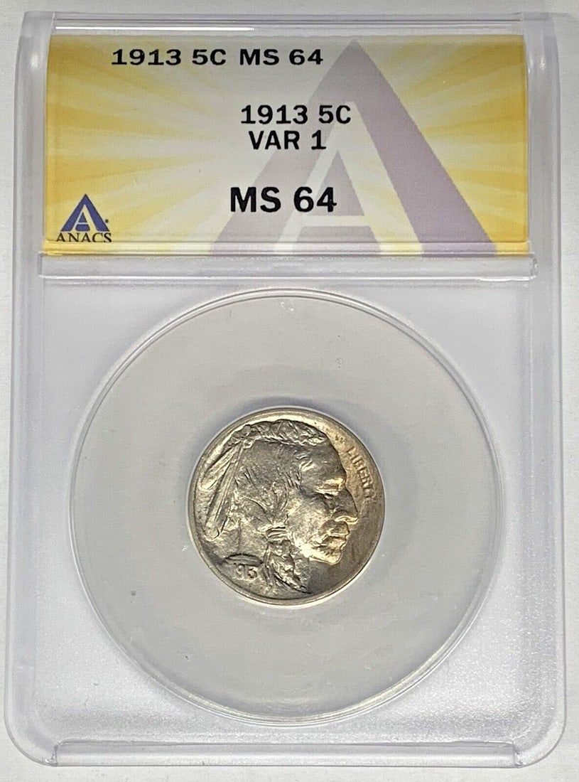 ANACS MS 64 1913 Buffalo Nickel Type 1 Lightly Toned Uncirculated Coin: ANACS MS 64 1913 Buffalo Nickel Type 1 Lightly Toned Uncirculated Coin This is a 1913 Type 1 Buffalo Nickel coin from the United States, featuring a lightly toned finish. It is graded MS 64 by ANACS,
