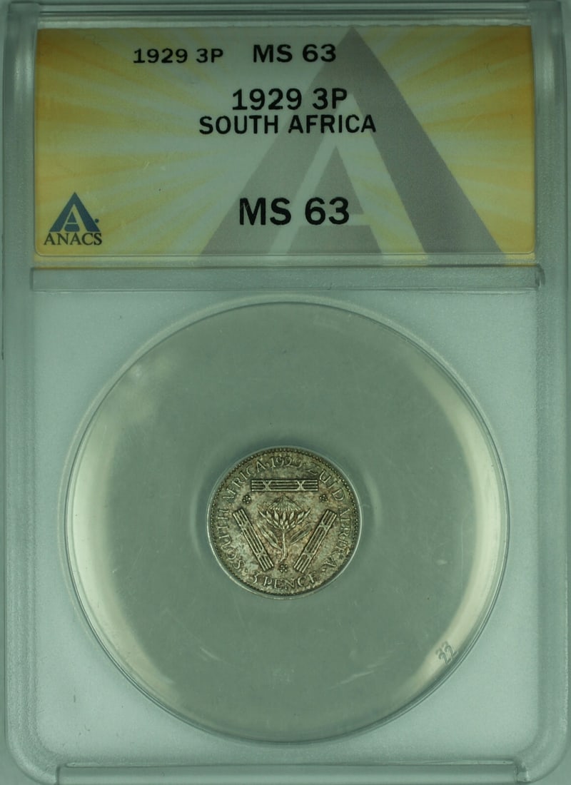 1929 South Africa Silver 3 Pence Coin King George V ANACS MS-63: 1929 South Africa Silver 3 Pence Coin King George V ANACS MS-63 This is a 1929 South Africa 3 Pence silver coin featuring King George V. The coin is uncirculated and has been graded MS-63 by ANACS. It