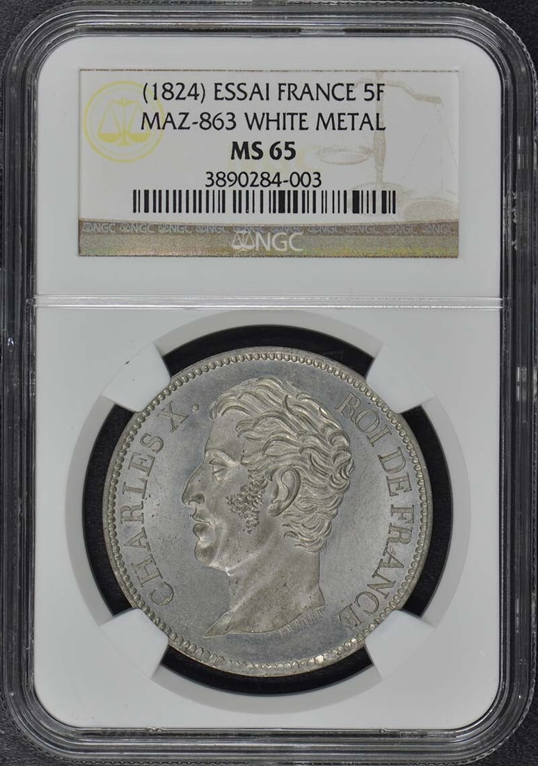 1824 ESSAI FRANCE 5F Coin NGC MS65 Uncirculated White Metal: 1824 ESSAI FRANCE 5F Coin NGC MS65 Uncirculated White Metal This striking 1824 ESSAI FRANCE 5 Franc coin is a remarkable collectible piece, certified by NGC with a high grade of MS65, indicating its e
