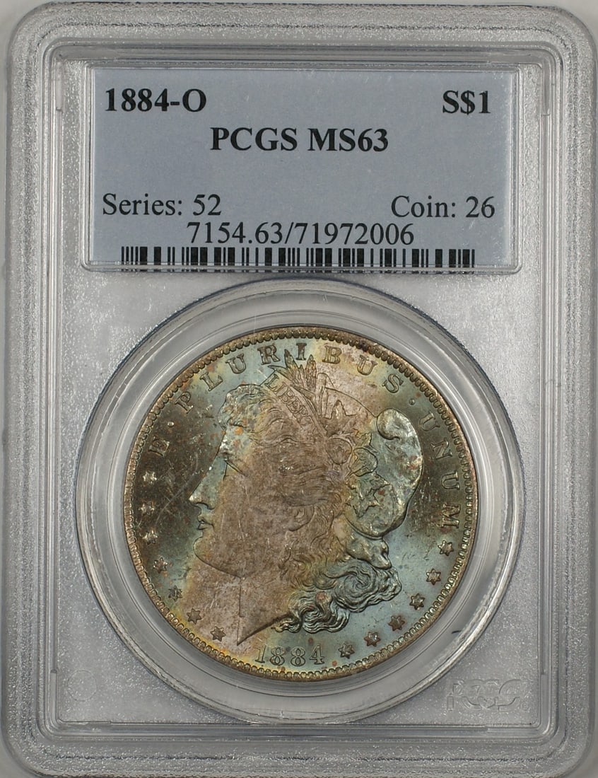 PCGS MS-63 1884-O Morgan Dollar with Vibrant Obverse Toning: PCGS MS-63 1884-O Morgan Dollar with Vibrant Obverse Toning This 1884-O Morgan Silver Dollar is graded MS-63 by PCGS and features a beautifully toned obverse. Minted in New Orleans, this uncirculated