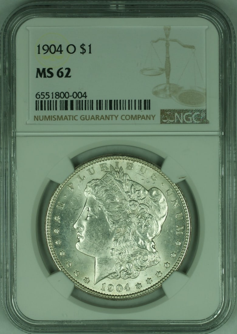 NGC MS-62 1904-O Morgan Silver Dollar Uncirculated Coin: NGC MS-62 1904-O Morgan Silver Dollar Uncirculated Coin This 1904-O Morgan Silver Dollar coin is certified by NGC with a grade of MS 62. Minted in New Orleans, this uncirculated coin is composed of si