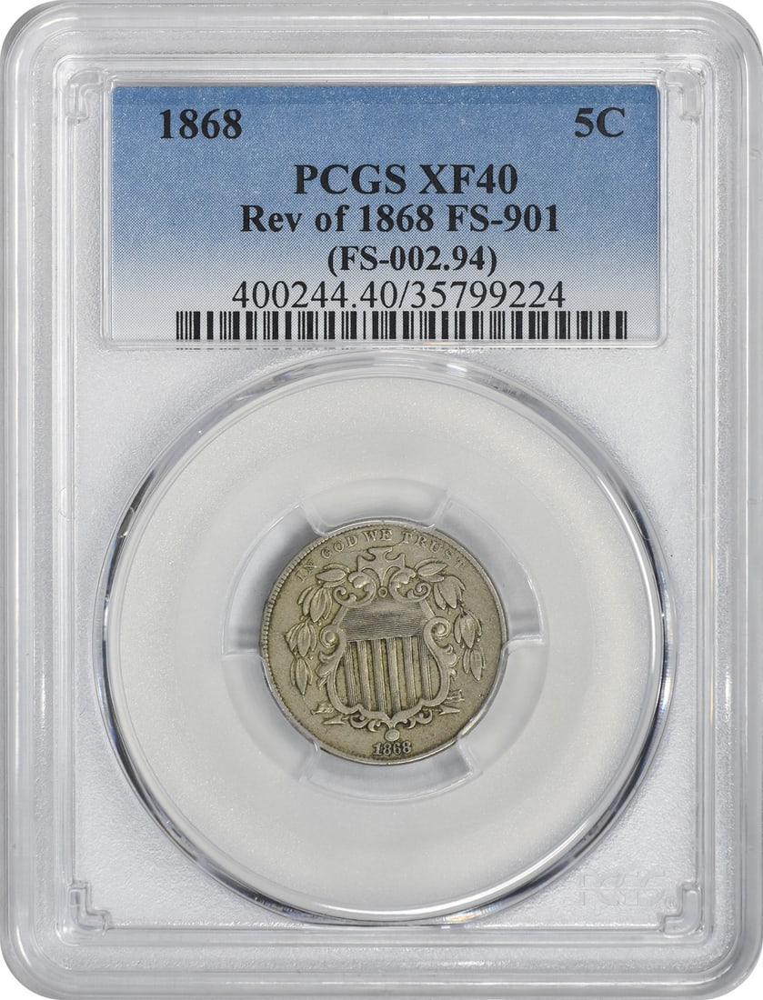 1868 Shield Nickel XF40 Certified by PCGS 5C Coin: 1868 Shield Nickel XF40 Certified by PCGS 5C Coin This 1868 Shield Nickel features the reverse design of 1868 and has been graded XF40 by PCGS. This circulated coin was minted in Philadelphia and carr