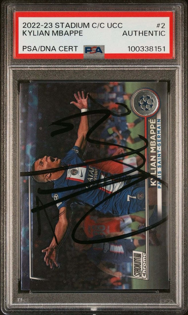 2022-23 Topps Stadium Club Kylian Mbappe Signed Card PSA Real Madrid #2: 2022-23 Topps Stadium Club Kylian Mbappe Signed Card PSA Real Madrid #2 Up for sale is a signed 2022-23 Topps Stadium Club Chrome UEFA Club Competitions trading card featuring Kylian Mbappe, the renow