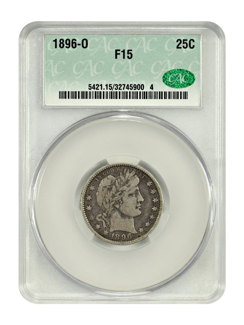 Key Date 1896-O Barber Quarter 25C CACG Graded Fine 15: Key Date 1896-O Barber Quarter 25C CACG Graded Fine 15 This 1896-O Barber Quarter is a key date coin minted in New Orleans. It is certified by CACG with a grade of Fine 15, indicating moderate wear ye