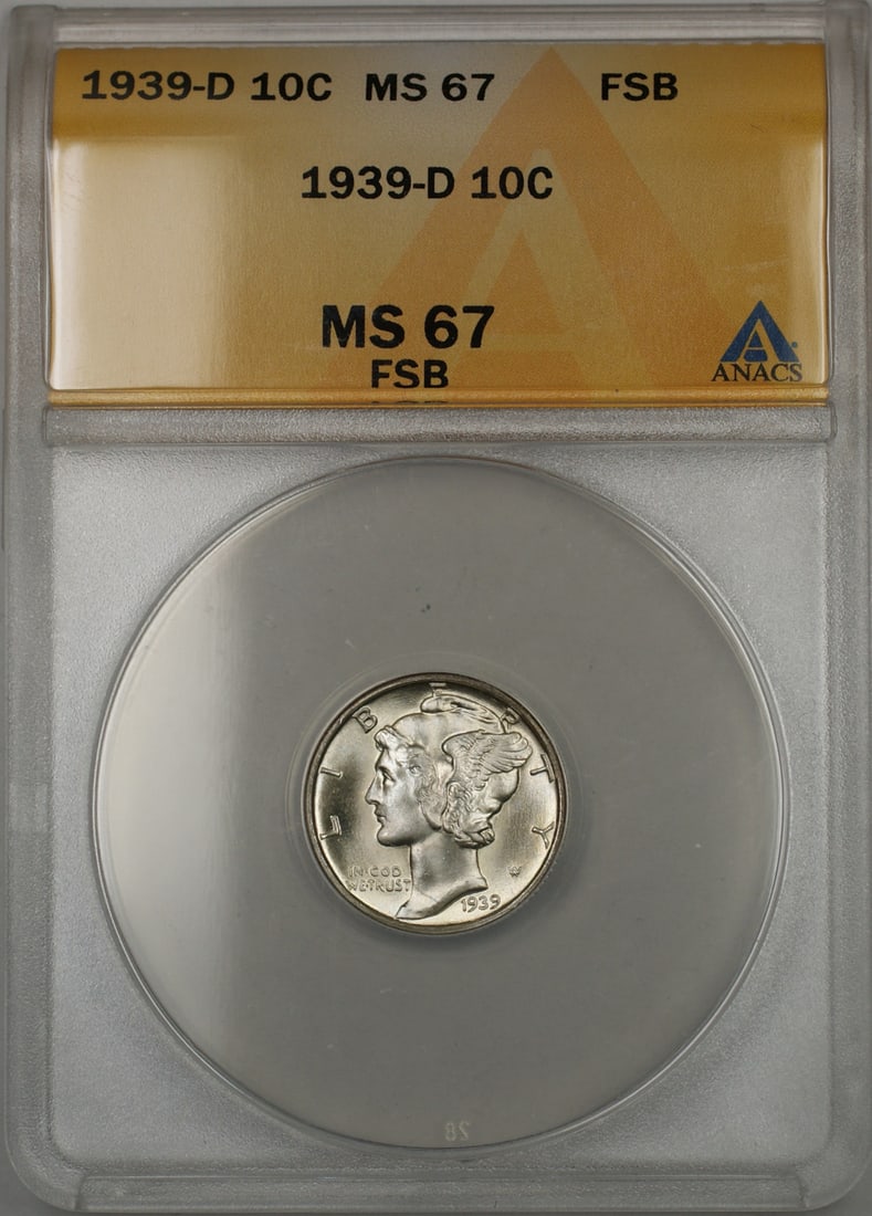 ANACS MS-67 1939-D Mercury Dime Silver Full Split Bands: ANACS MS-67 1939-D Mercury Dime Silver Full Split Bands This is a 1939-D Mercury Dime from the United States, composed of silver and minted in Denver. The coin is graded MS 67 by ANACS, indicating an