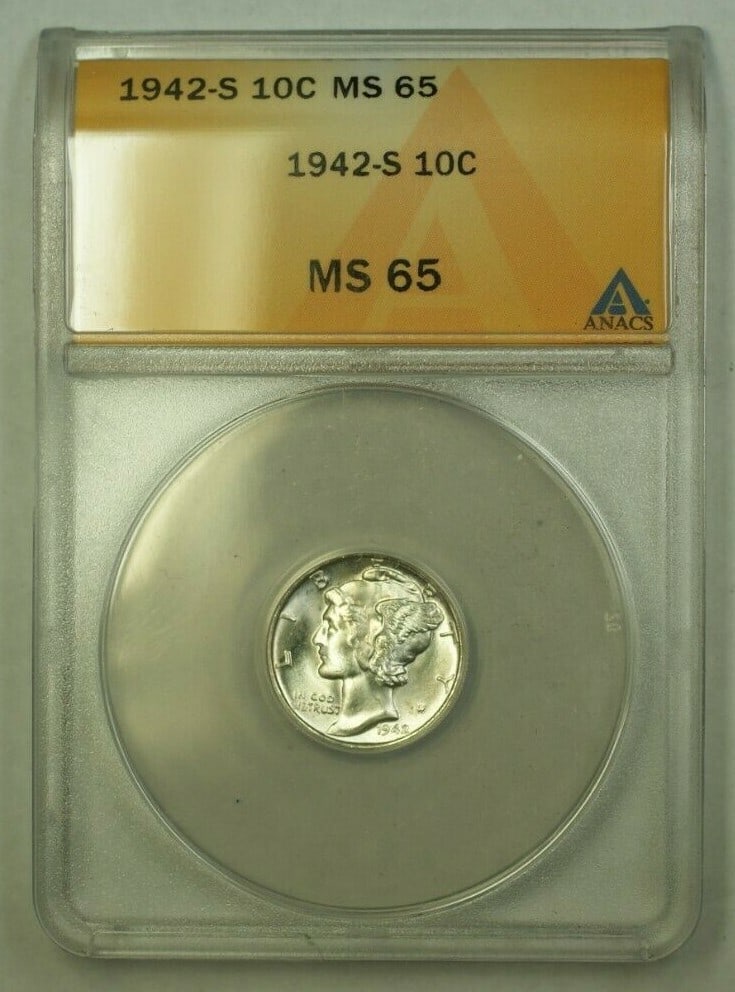ANACS MS-65 FSB 1942-S Mercury Dime Silver San Francisco Mint 10C Coin: ANACS MS-65 FSB 1942-S Mercury Dime Silver San Francisco Mint 10C Coin This is a 1942-S Mercury Dime from the United States, minted in San Francisco. The coin is composed of silver and has a denominat
