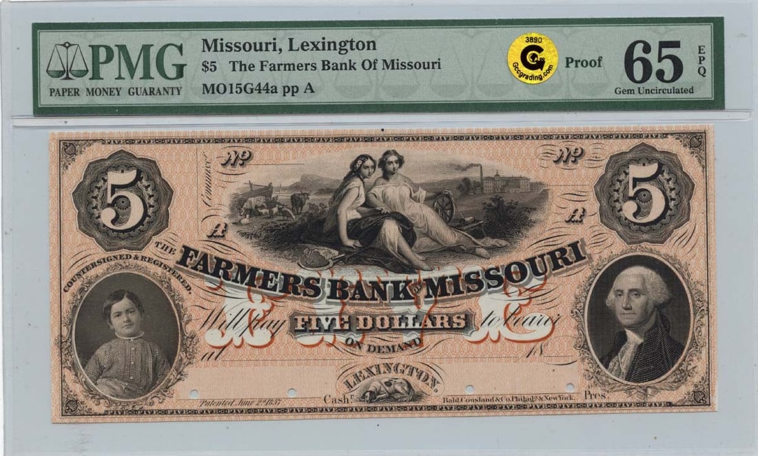 1850s $5 Lexington Missouri Obsolete Note PMG GEM 65 EPQ: 1850s $5 Lexington Missouri Obsolete Note PMG GEM 65 EPQ This stunning 1850s $5 Missouri Lexington Proof note, designated as Haxby# OBSMO15G44a, is a rare addition for collectors. Graded as PMG Gem 65