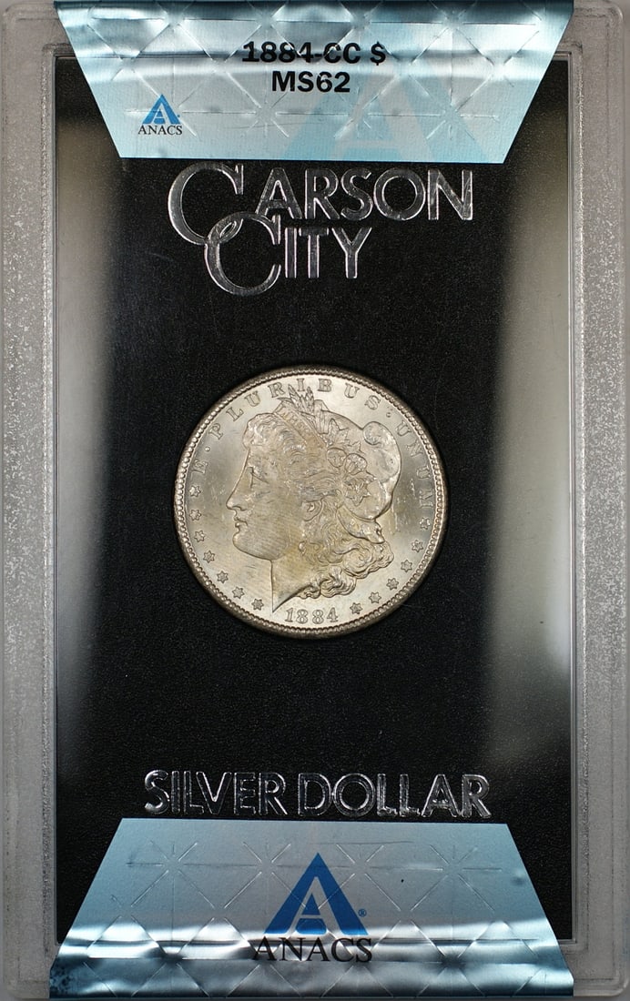 Morgan Silver Dollar 1884-CC Carson City ANACS MS-62 GSA Hoard with Box and COA: Morgan Silver Dollar 1884-CC Carson City ANACS MS-62 GSA Hoard with Box and COA This is an un-used 1884-CC Morgan Silver Dollar from the GSA Hoard, certified by ANACS with a grade of MS-62. The coin w