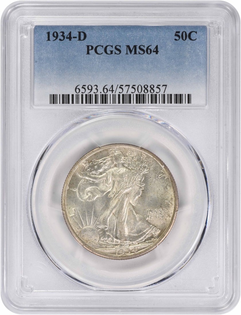 1934-D Walking Liberty Half Dollar MS64 PCGS Uncirculated Silver Coin: 1934-D Walking Liberty Half Dollar MS64 PCGS Uncirculated Silver Coin This 1934-D Walking Liberty Silver Half Dollar is a remarkable piece of numismatic history. Graded MS64 by PCGS, this uncirculated