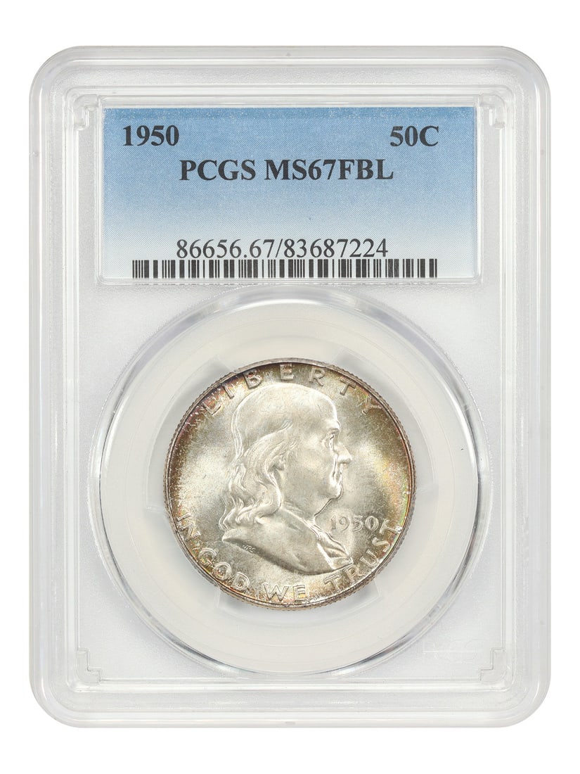 PCGS MS67FBL 1950 Franklin Half Dollar 50C Uncirculated Philadelphia: PCGS MS67FBL 1950 Franklin Half Dollar 50C Uncirculated Philadelphia This 1950 Franklin Half Dollar is graded MS67FBL by PCGS, indicating a full bell lines designation and exceptional strike quality.