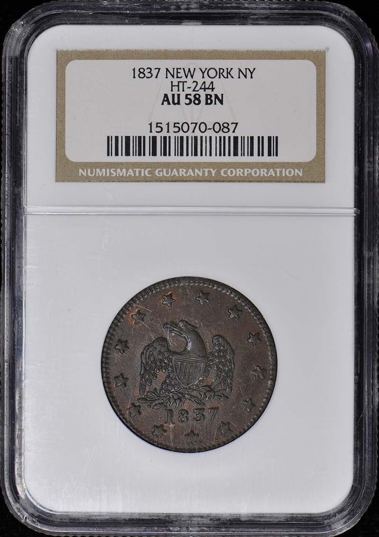 1837 New York Hard Times Token HT-244 NGC AU58 Certified: 1837 New York Hard Times Token HT-244 NGC AU58 Certified This 1837 New York Hard Times Token (HT-244) is graded AU58 by NGC, indicating it is in a high state of preservation. This token has been circu
