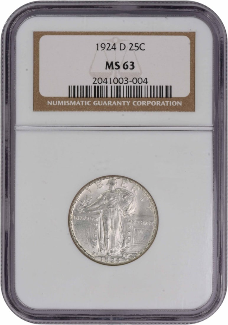 1924-D Standing Liberty Quarter MS63 NGC Uncirculated 90% Silver: 1924-D Standing Liberty Quarter MS63 NGC Uncirculated 90% Silver This 1924-D Standing Liberty Silver Quarter is a remarkable collectible coin, graded MS63 by NGC. It features a design by Hermon A. Mac