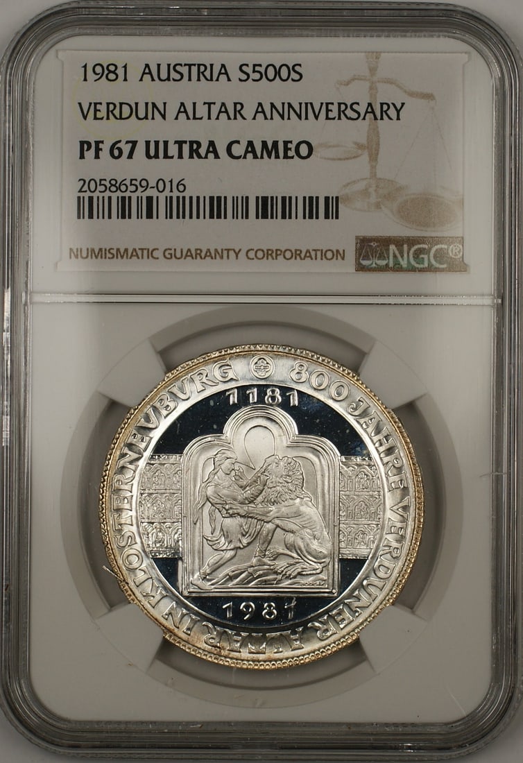 Austria 1981 500 Schillings Silver Proof Verdun Altar Coin NGC PF 67: Austria 1981 500 Schillings Silver Proof Verdun Altar Coin NGC PF 67 This is a 1981 Austria 500 Schillings Verdun Altar proof coin, composed of silver. It has been certified by NGC with a grade of PF