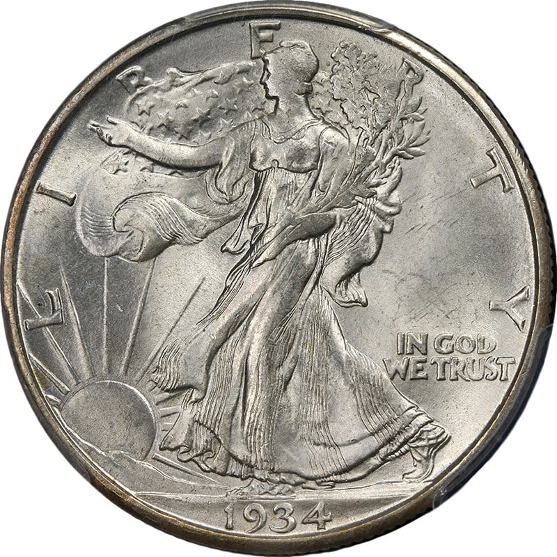 1934-D Walking Liberty Half Dollar PCGS MS65 Silver Coin: 1934-D Walking Liberty Half Dollar PCGS MS65 Silver Coin This 1934-D Walking Liberty Half showcases remarkable eye appeal with its striking luster and bright white surfaces. Certified by PCGS with a g