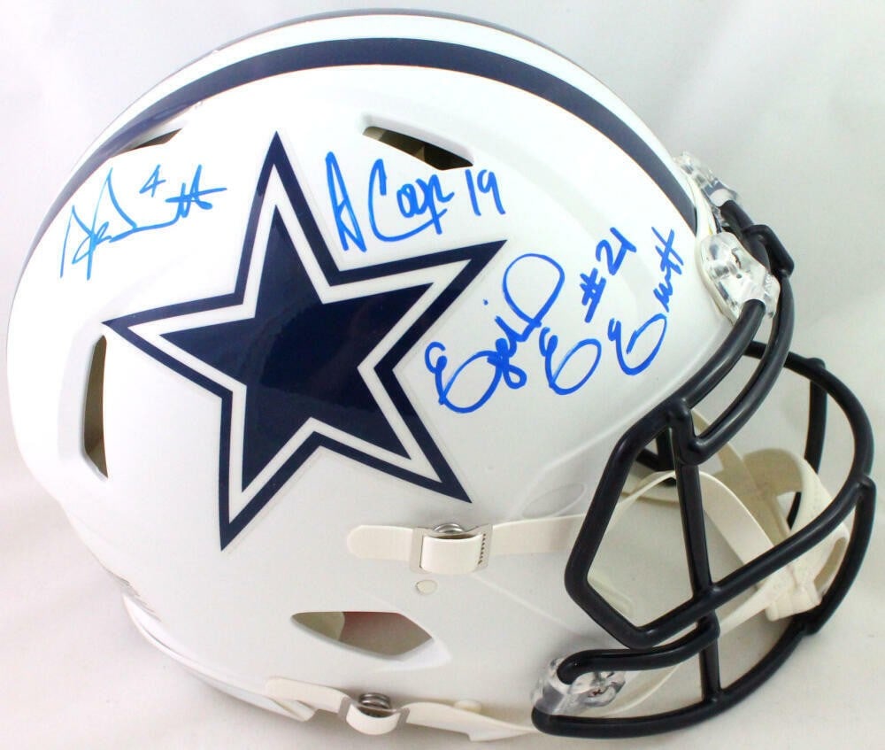 Dak Prescott Zeke Elliott Amari Cooper Signed Cowboys Helmet Beckett Authenticated: Dak Prescott Zeke Elliott Amari Cooper Signed Cowboys Helmet Beckett Authenticated This is an authentic Dallas Cowboys full-size flat white helmet signed by star players Dak Prescott, Ezekiel Elliott,
