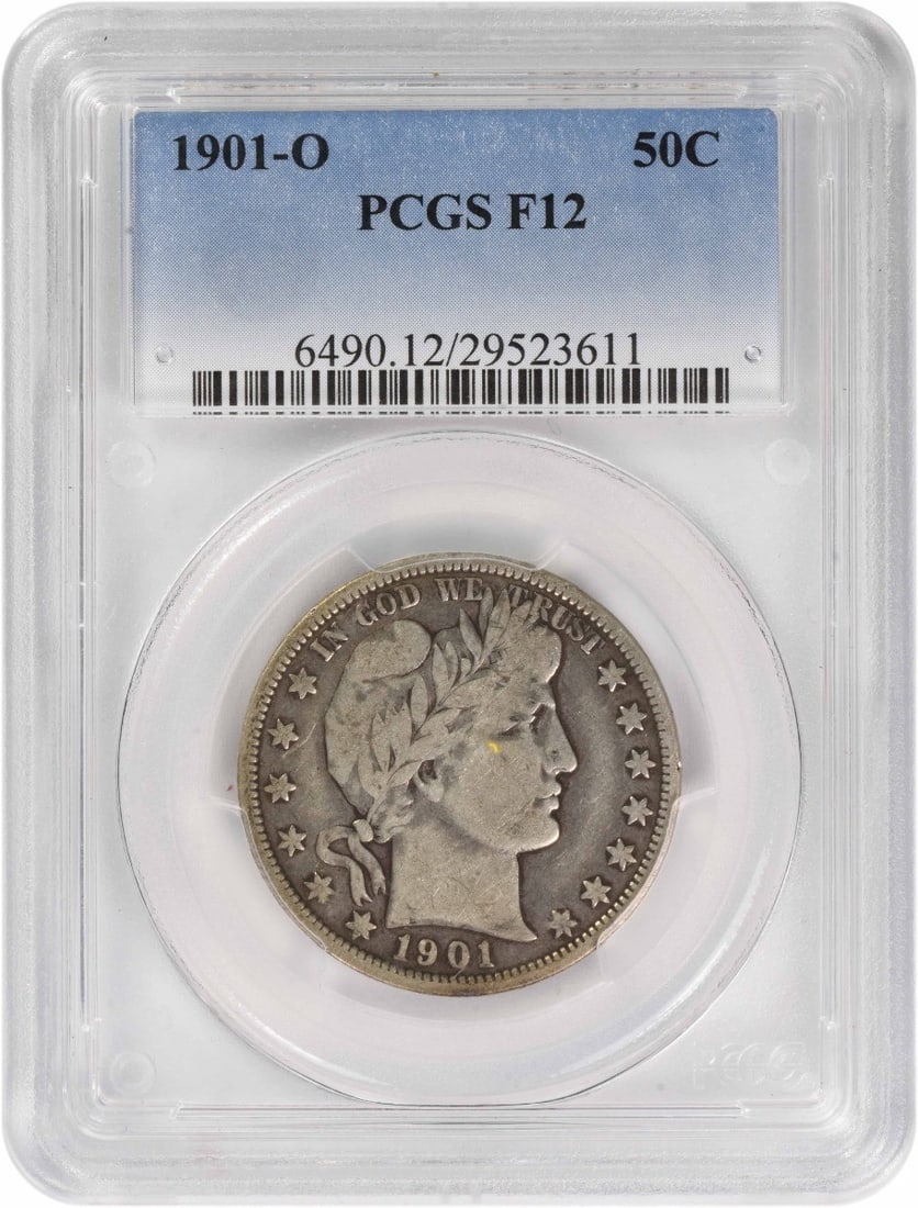 PCGS F12 1901-O Barber Half Dollar 90 Percent Silver Coin: PCGS F12 1901-O Barber Half Dollar 90 Percent Silver Coin This 1901-O Barber Silver Half Dollar is certified by PCGS and features a Fine (F12) grade. Minted in New Orleans, the coin is composed of 90%