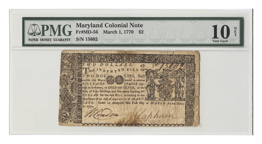 $2 Maryland Colonial Currency 1770 PMG Very Good 10 (1 of 2)