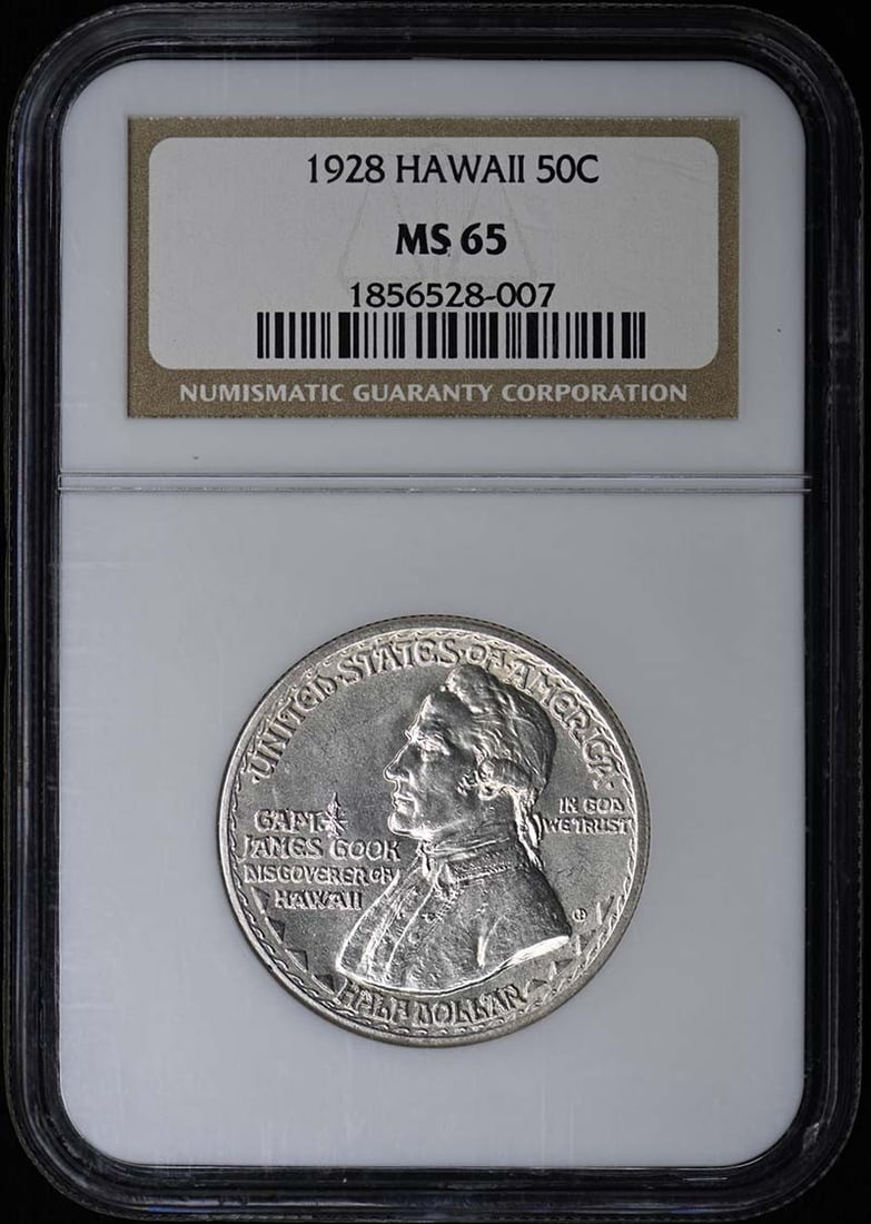 1928 Hawaii Half Dollar Silver Commemorative NGC MS65: 1928 Hawaii Half Dollar Silver Commemorative NGC MS65 This is a 1928 Hawaii silver commemorative 50-cent coin, graded MS65 by NGC. The coin is uncirculated and was minted in Philadelphia. It is a pre-