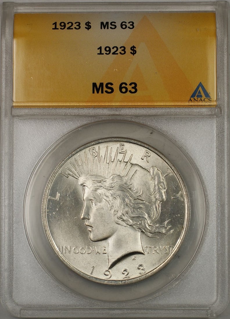1923 Peace Dollar Silver Coin ANACS MS 63 Uncirculated Philadelphia Mint: 1923 Peace Dollar Silver Coin ANACS MS 63 Uncirculated Philadelphia Mint This is a 1923 Peace Silver Dollar coin from the United States, certified by ANACS with a grade of MS-63. The coin is uncircula