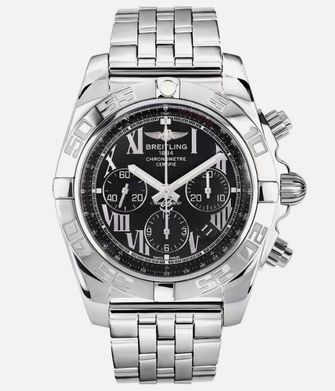 2015 Breitling Chronomat AB011012 Stainless Steel Black Dial 44mm with Card: 2015 Breitling Chronomat AB011012 Stainless Steel Black Dial 44mm with Card This Breitling Chronomat features a black dial and comes with a card dated 2015. The watch is crafted in stainless steel, ha