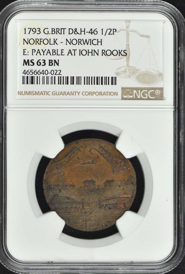 Norfolk Norwich 1793 Halfpenny Conder Token NGC MS63BN Certified: Norfolk Norwich 1793 Halfpenny Conder Token NGC MS63BN Certified This is a 1793 Great Britain D&H-46 Norfolk-Norwich Conder token, certified by NGC with a grade of MS63BN. The token is uncirculated an