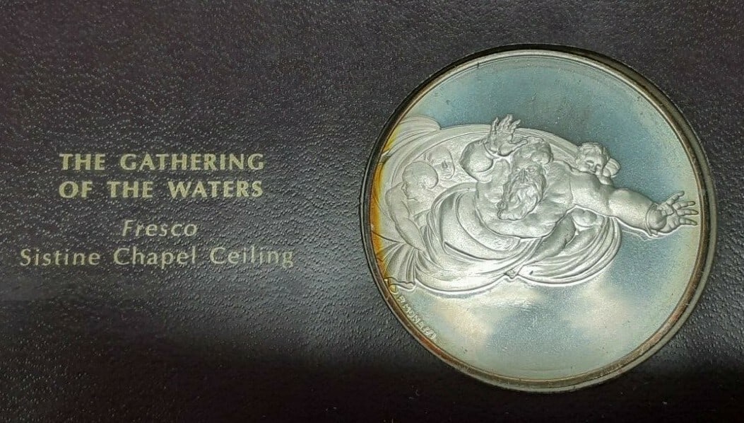 .925 Silver Medal Franklin Mint Genius of Michelangelo Gathering of Waters: .925 Silver Medal Franklin Mint Genius of Michelangelo Gathering of Waters This Franklin Mint Genius of Michelangelo proof medal, titled 'Gathering of Waters,' was produced in 1970 as part of a silver