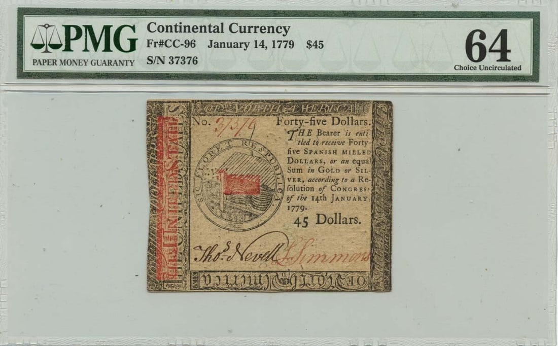 1779 $45 Continental Currency CC-96 PMG MS64 Uncirculated Note: 1779 $45 Continental Currency CC-96 PMG MS64 Uncirculated Note This $45 Continental Currency note, issued on January 14, 1779, is a remarkable piece of American history. Graded PMG CU64, it is classif