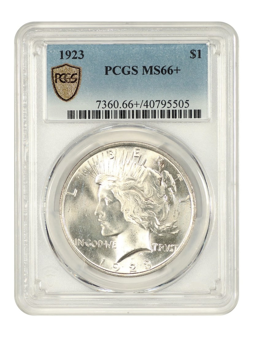 1923 Peace Dollar PCGS MS66 Plus Graded Silver Coin: 1923 Peace Dollar PCGS MS66 Plus Graded Silver Coin This 1923 Peace Dollar is a $1 coin graded MS66+ by PCGS, indicating a high-quality gem with exceptional luster and a bold strike. The coin is uncir