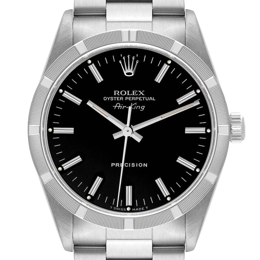 Rolex Ref 14010 Air-King Unisex Watch Black Dial Oyster Bracelet Papers 1998: Rolex Ref 14010 Air-King Unisex Watch Black Dial Oyster Bracelet Papers 1998 This Rolex Air-King features a black dial and is equipped with an engine-turned bezel. It comes with an Oyster bracelet and