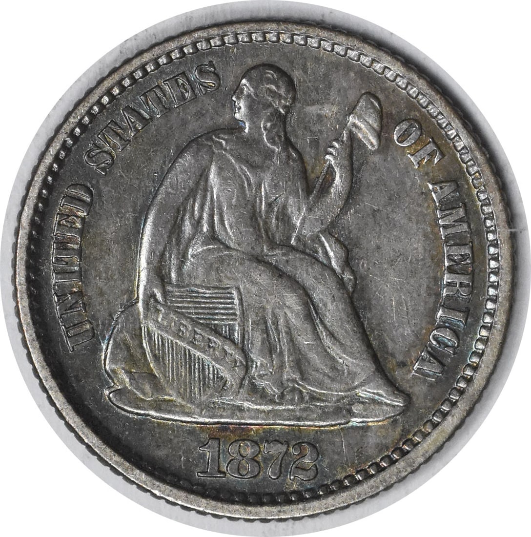 1872 Liberty Seated Silver Half Dime DDO AU Uncertified 90% Silver: 1872 Liberty Seated Silver Half Dime DDO AU Uncertified 90% Silver This 1872 Liberty Seated Silver Half Dime is a captivating piece of numismatic history. Struck in Philadelphia, this coin features a