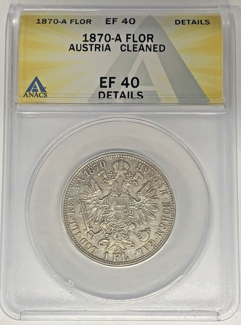 Austria 1870-A Silver 1 Florin Coin ANACS XF 40 Cleaned: Austria 1870-A Silver 1 Florin Coin ANACS XF 40 Cleaned This 1870-A Austria 1 Florin coin is composed of silver and has been certified by ANACS with a grade of XF 40. The coin is circulated and has un