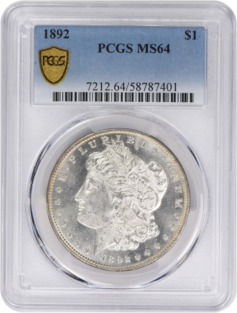MS64 PCGS Graded 1892 Morgan Dollar Philadelphia Mint 90 Silver: MS64 PCGS Graded 1892 Morgan Dollar Philadelphia Mint 90 Silver This 1892 Morgan Silver Dollar from the Philadelphia Mint is certified MS64 by PCGS. Composed of 90% silver and 10% copper, the coin fea