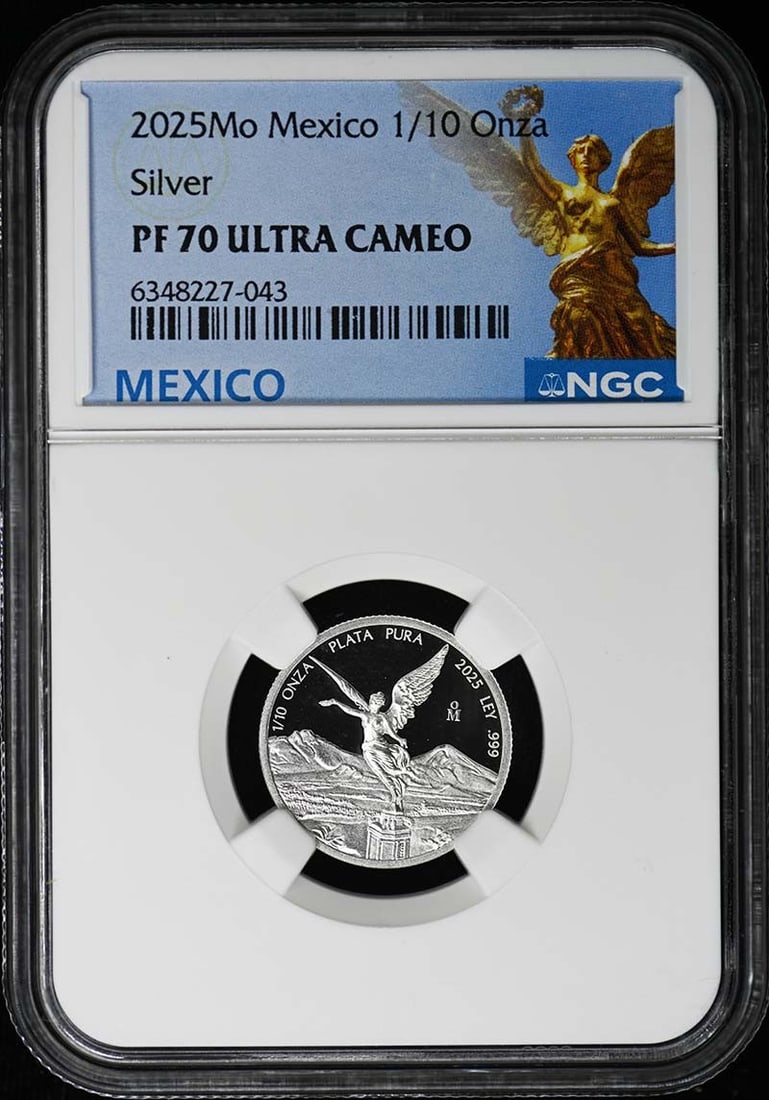 2025 Mexico 1/10 Onza Silver Libertad NGC PF70 Ultra Cameo Limited to 1500: 2025 Mexico 1/10 Onza Silver Libertad NGC PF70 Ultra Cameo Limited to 1500 This 2025 Mexico 1/10 Onza Libertad silver coin is graded PF70 Ultra Cameo by NGC, indicating a flawless, un-used condition.