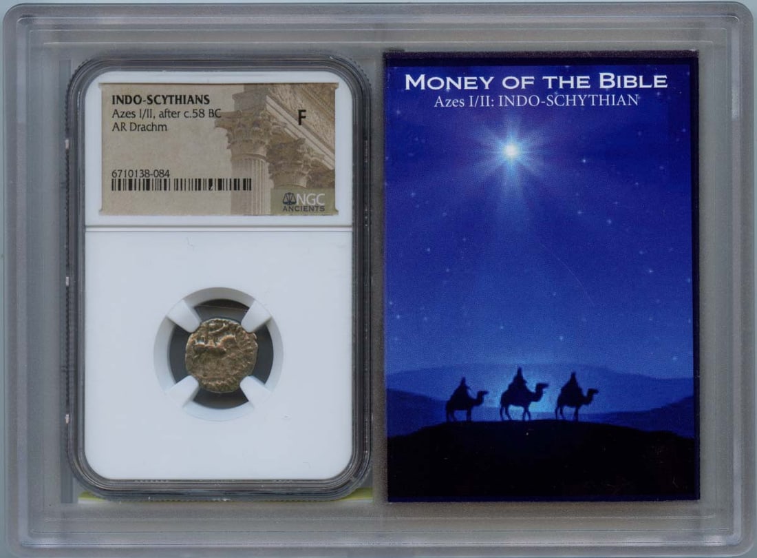 Azes I/II Indo-Scythian AR Drachm NGC F12 Certified Coin: Azes I/II Indo-Scythian AR Drachm NGC F12 Certified Coin This Azes I/II Indo-Scythian silver drachm dates back to approximately 58 BC. It has been certified by NGC with a grade of F12, indicating its