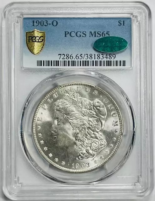 1903 O Morgan Silver Dollar PCGS MS65 CAC Low Population: 1903 O Morgan Silver Dollar PCGS MS65 CAC Low Population This stunning 1903 O Morgan Silver Dollar is certified by PCGS with a high grade of MS-65 and features a low CAC population, making it a sought