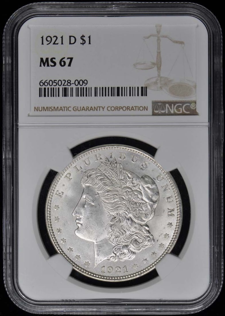 1921-D Morgan Dollar NGC MS67 Uncirculated Denver Coin: 1921-D Morgan Dollar NGC MS67 Uncirculated Denver Coin This 1921-D Morgan Dollar, graded MS67 by NGC, showcases exceptional quality and detail. Struck in Denver, this uncirculated coin is a remarkable