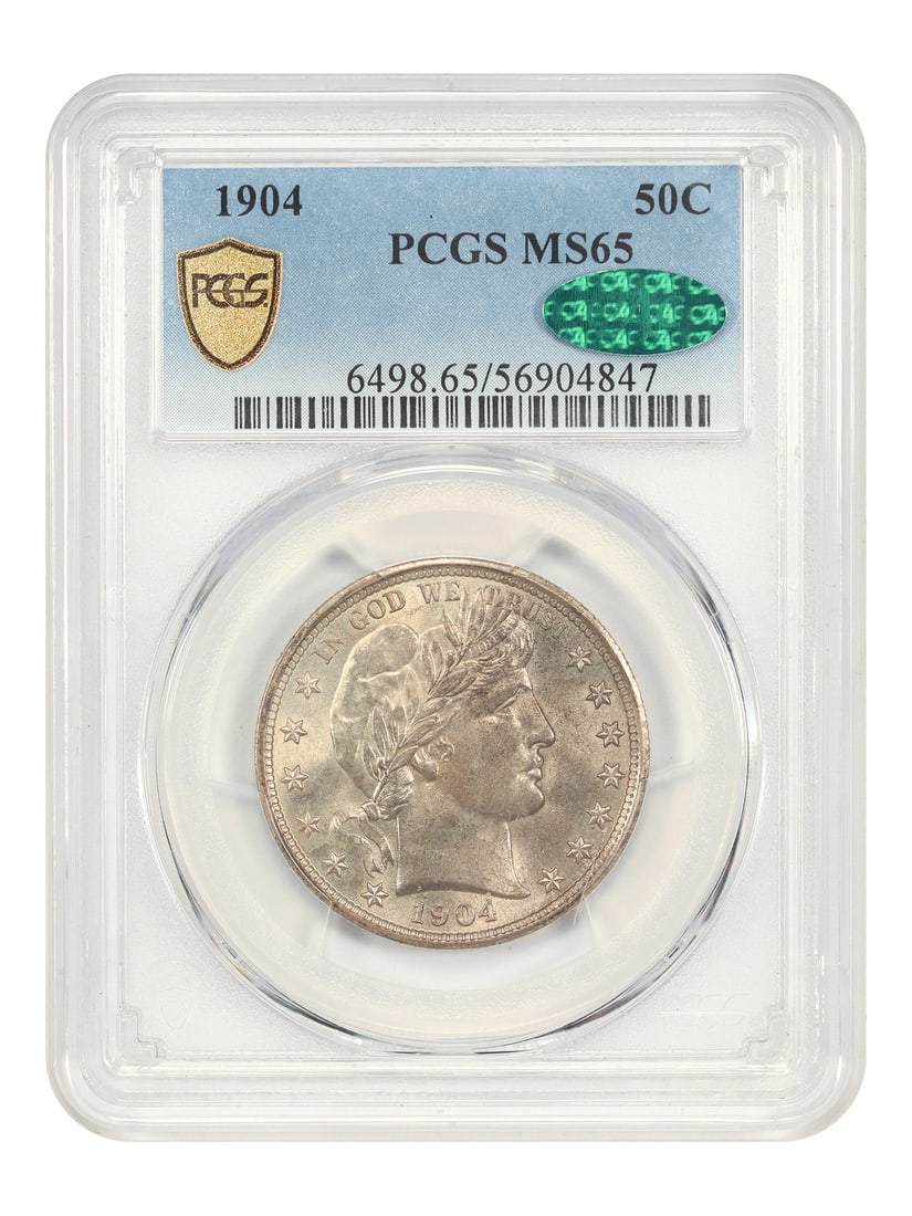 PCGS CAC MS65 1904 Barber Half Dollar Philadelphia Mint: PCGS CAC MS65 1904 Barber Half Dollar Philadelphia Mint This 1904 Barber Half Dollar is graded MS65 by PCGS and features a CAC sticker, highlighting its exceptional quality. Struck at the Philadelphia