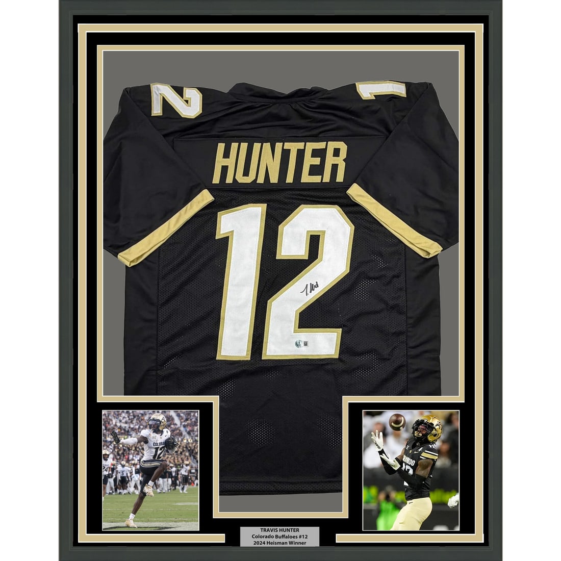 Travis Hunter Signed Colorado Jersey Framed with Photos Beckett Authenticated 35x39: Travis Hunter Signed Colorado Jersey Framed with Photos Beckett Authenticated 35x39 This professionally framed and matted display features a black Colorado Buffaloes jersey autographed by Travis Hunte