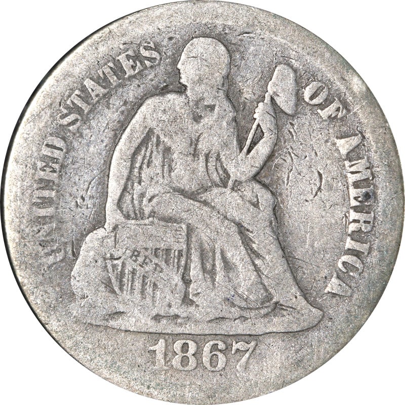 Silver 1867 San Francisco Mint Seated Liberty Dime Scarce Issue: Silver 1867 San Francisco Mint Seated Liberty Dime Scarce Issue This is a scarce 1867-S Seated Liberty Dime struck at the San Francisco Mint. The coin is circulated and composed of silver with a finen