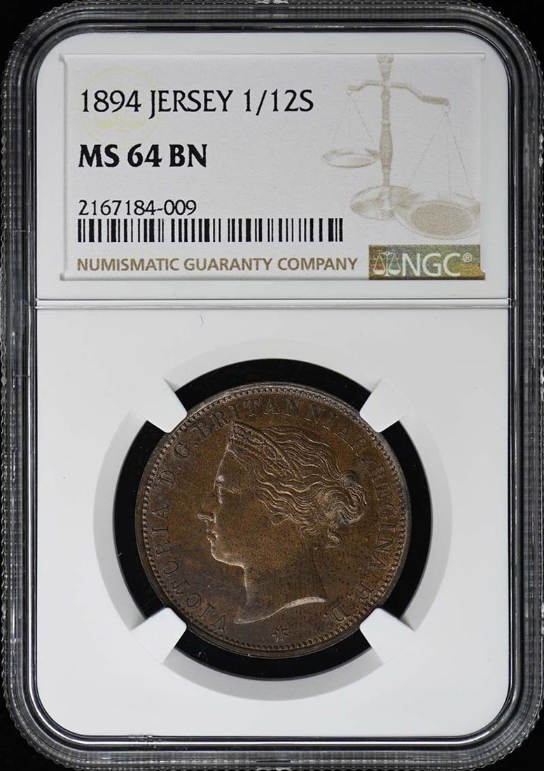 1894 Jersey Coin NGC MS64 Uncirculated Collectible: 1894 Jersey Coin NGC MS64 Uncirculated Collectible This 1894 Jersey coin is a remarkable piece certified by NGC with a grade of MS64. The coin is classified as uncirculated, showcasing its exceptional
