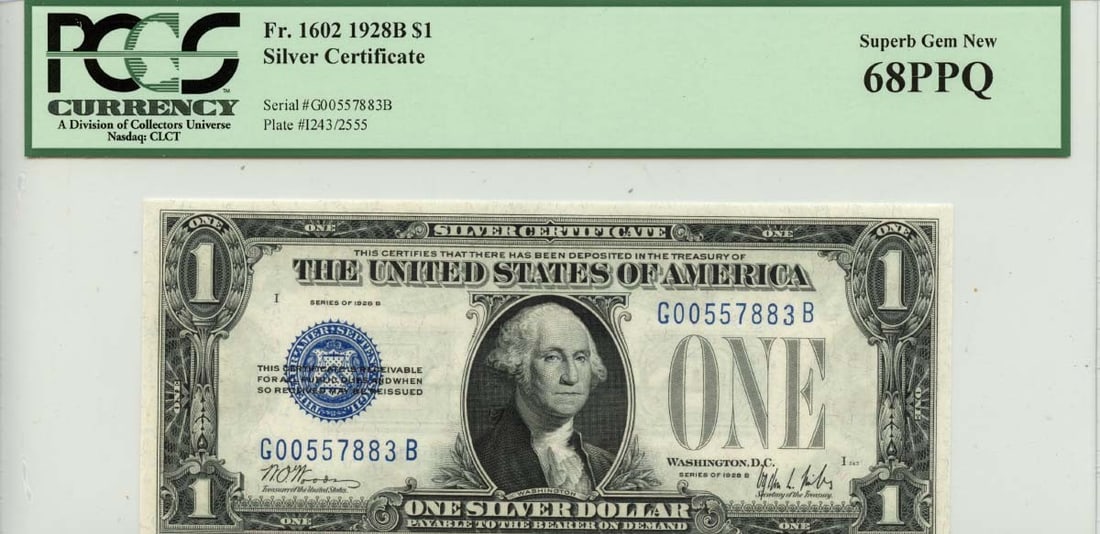 1928B $1 Silver Certificate Blue Seal PCGS MS68 Uncirculated: 1928B $1 Silver Certificate Blue Seal PCGS MS68 Uncirculated This 1928B $1 Silver Certificate features a striking blue seal and is graded as a Superb Gem 68 PPQ by PCGS Currency. It is an uncirculated