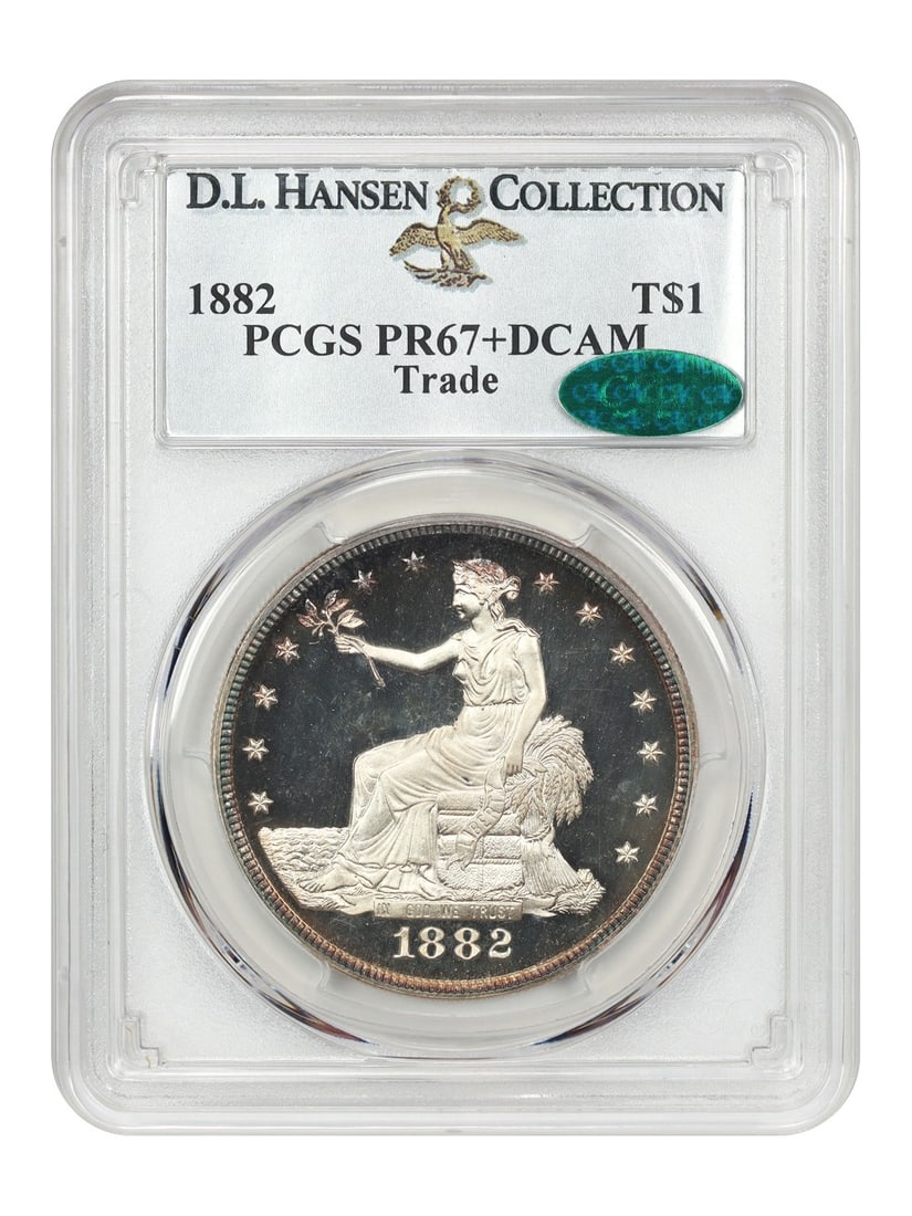 1882 Trade Dollar PCGS PR67+DCAM Ex D.L. Hansen Uncirculated: 1882 Trade Dollar PCGS PR67+DCAM Ex D.L. Hansen Uncirculated This stunning 1882 Trade Dollar is graded PR67+DCAM by PCGS and comes from the prestigious D.L. Hansen collection. As one of the few Proof-