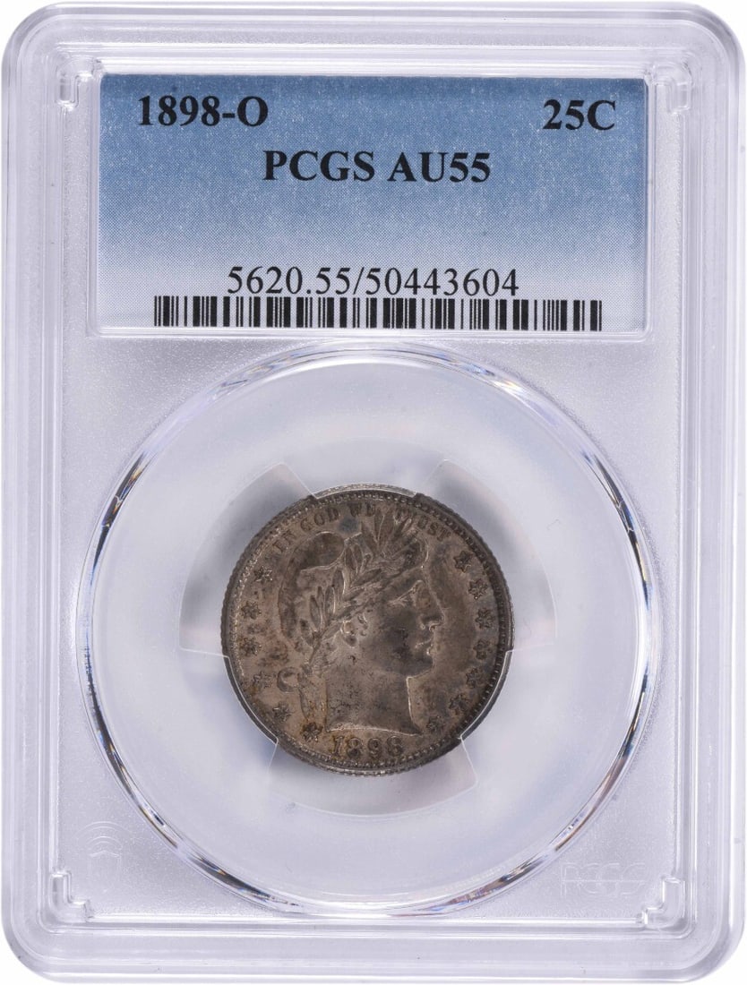 PCGS AU55 1898-O Barber Silver Quarter from New Orleans Mint: PCGS AU55 1898-O Barber Silver Quarter from New Orleans Mint This is an 1898-O Barber Silver Quarter graded AU55 by PCGS. Minted in New Orleans, this circulated coin is composed of silver and has a de