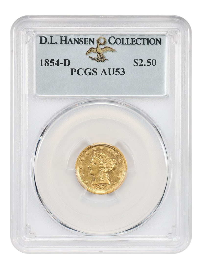 1854 Dahlonega $2.50 Gold Liberty Head PCGS AU53 Ex D.L. Hansen: 1854 Dahlonega $2.50 Gold Liberty Head PCGS AU53 Ex D.L. Hansen This 1854-D Liberty Head $2.5 gold coin is certified by PCGS with a grade of AU53. Minted in Dahlonega, it is part of a limited mintage
