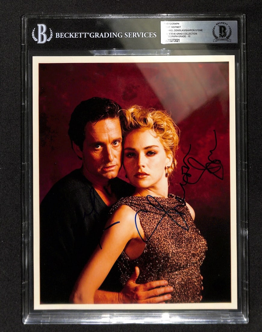 Basic Instinct 8x10 Photo Signed by Michael Douglas Sharon Stone Beckett 10 Auto: Basic Instinct 8x10 Photo Signed by Michael Douglas Sharon Stone Beckett 10 Auto This is an autographed 8x10 color photograph from the movie Basic Instinct, signed by Michael Douglas and Sharon Stone.