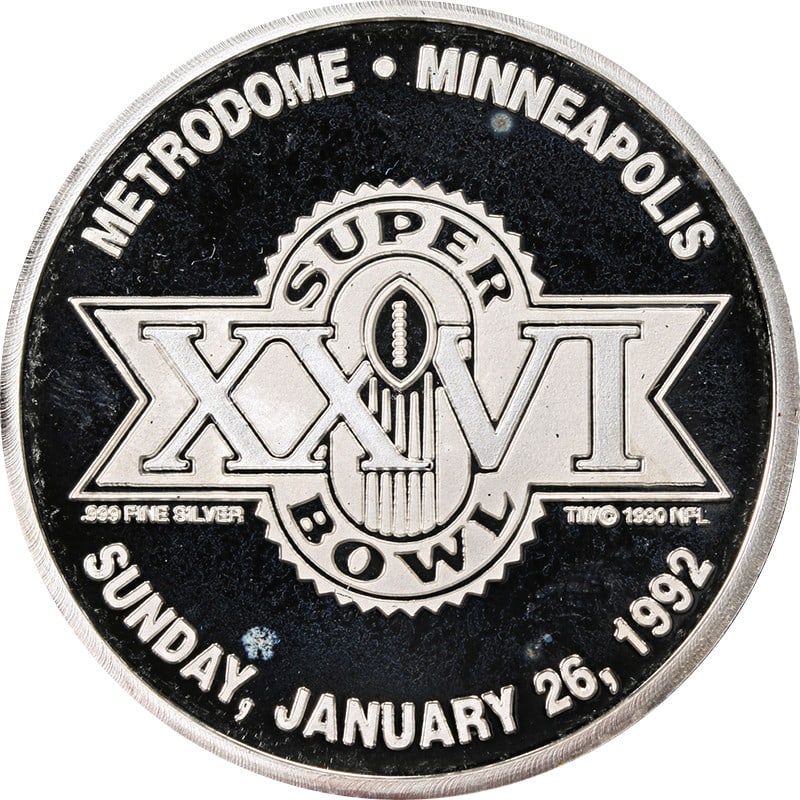 2 oz 1992 Super Bowl XXVI Silver Logo Proof Metrodome Minneapolis with OGP COA: 2 oz 1992 Super Bowl XXVI Silver Logo Proof Metrodome Minneapolis with OGP COA This 1992 Super Bowl XXVI commemorative piece features the official event logo and was struck in 2 ounces of .999 fine si