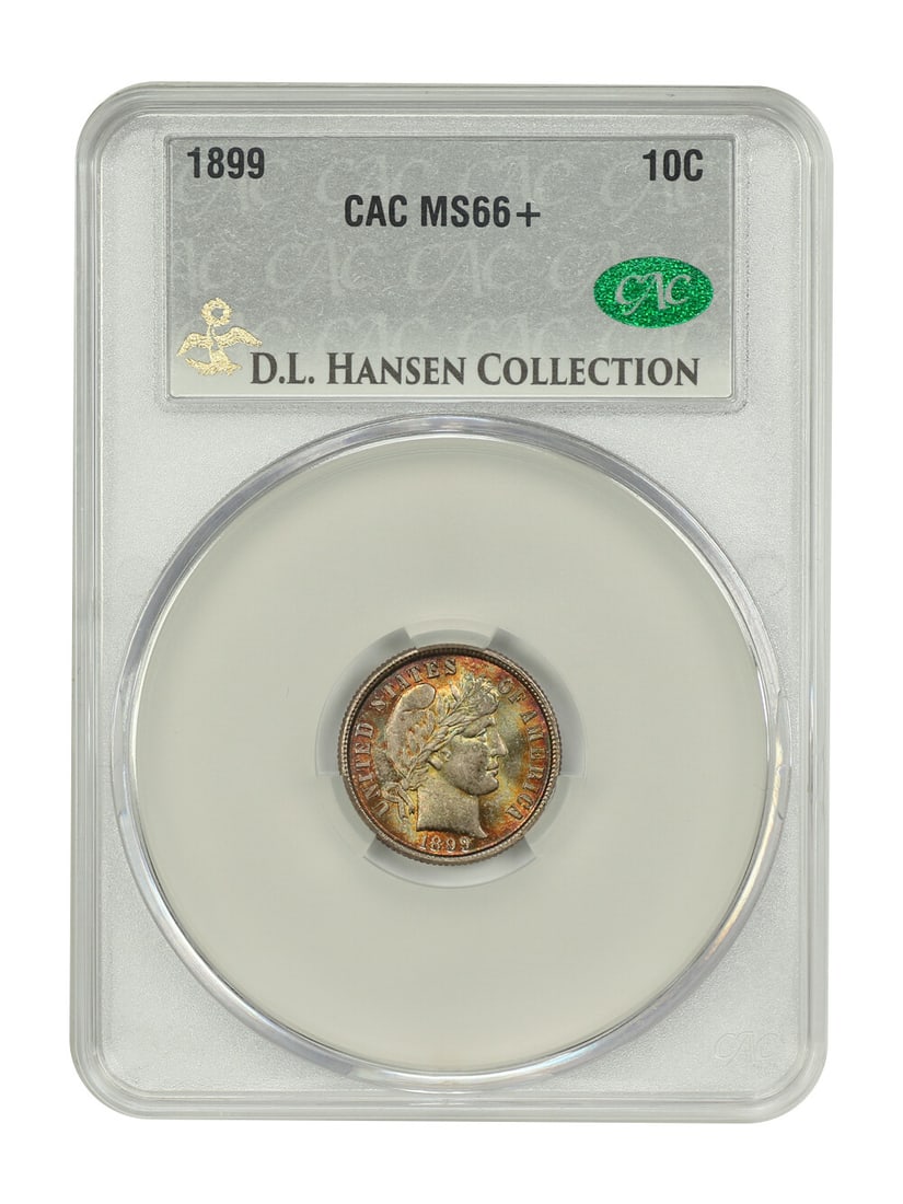 1899 Barber Dime 10C CACG MS66+ D.L. Hansen Collection: 1899 Barber Dime 10C CACG MS66+ D.L. Hansen Collection This stunning 1899 Barber Dime showcases a remarkable uncirculated condition, certified by CACG with a grade of MS66+. The coin features fiery re