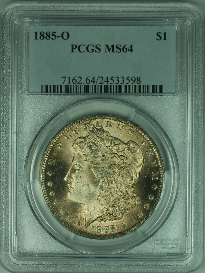 PCGS MS64 1885-O Morgan Dollar Silver Coin with Attractive Toning: PCGS MS64 1885-O Morgan Dollar Silver Coin with Attractive Toning This is an 1885-O Morgan Silver Dollar coin, certified by PCGS with a grade of MS64. The coin features attractive toning and was minte