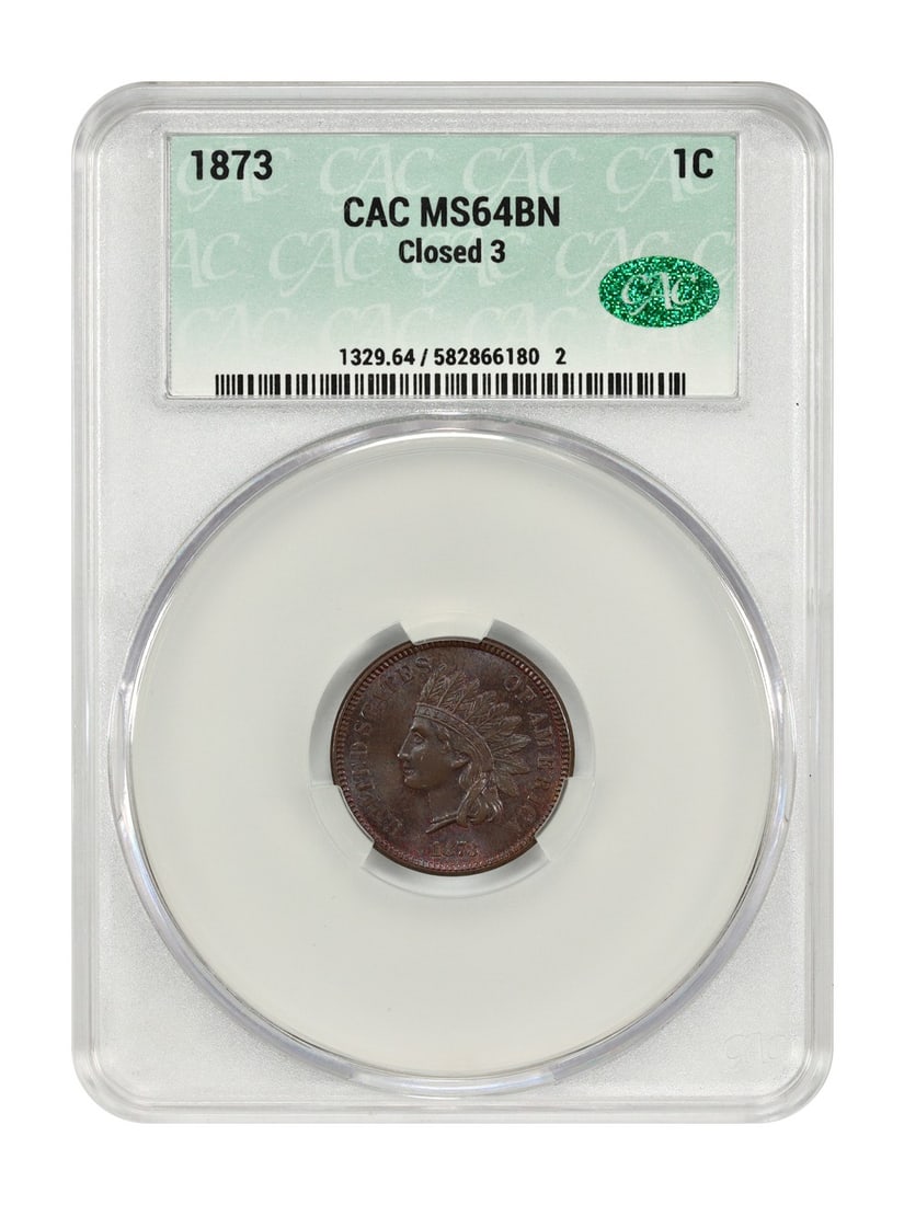 1873 Indian Cent CACG MS64BN Closed 3 Variety One Cent Coin: 1873 Indian Cent CACG MS64BN Closed 3 Variety One Cent Coin This 1873 Indian Cent features the rarer closed 3 variety and is certified by CACG with a grade of MS64BN. The coin displays vibrant blue an